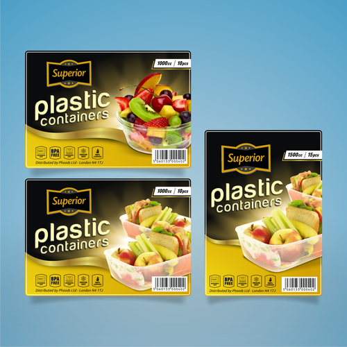 Black packaging with the title 'SUPERIOR - Plastic Containers Labels'