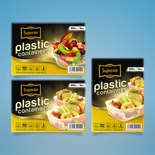 Yellow packaging with the title 'SUPERIOR - Plastic Containers Labels'