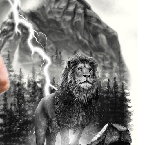 Grayscale design with the title 'Wise but deadly lion '