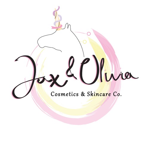 Pastel logo with the title 'Exciting whimsical concept for, "Jax and Olivia," a cosmetics and skincare Co.'