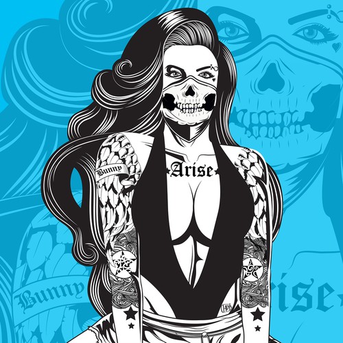 Pin-up girl artwork with the title 'Create a beautiful line art drawing of a tattooed angel for a top e-liquid company'