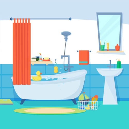 Interior design illustration with the title 'Virtual bathroom design for the app'