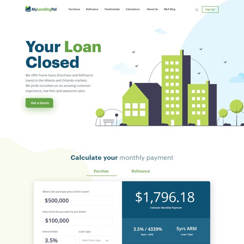 Illustrated design with the title 'MyLendingPal - Mortgage website Redesign. Modern, young theme. Will work with you to finish the rest'