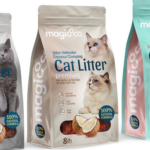 Coconut packaging with the title 'Magicoco Cat Litter Coconut Clumping'
