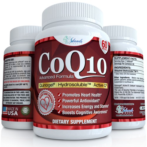 Eye-catching label with the title 'CoQ10 label and 3D render'