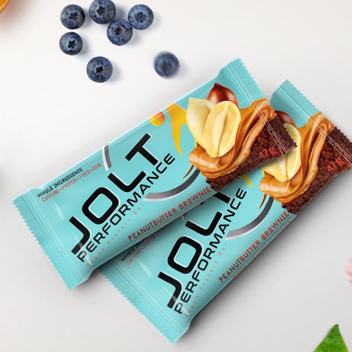 Retail packaging with the title 'JOLT Performance Bar, packaging design'