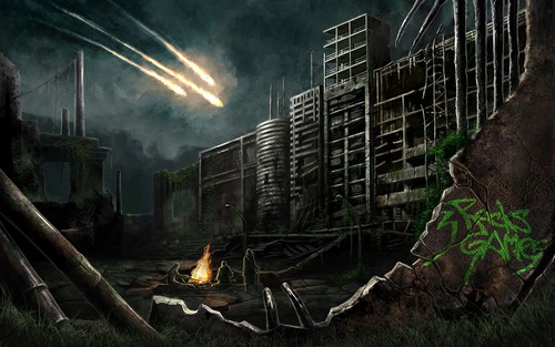 Digital painting artwork with the title 'Post Apocalyptic background'