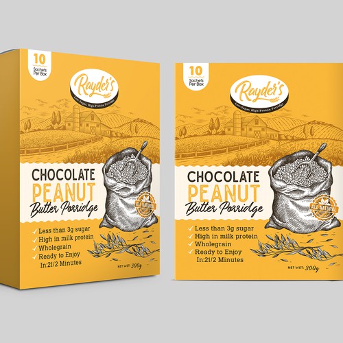 Farm packaging with the title 'Chocolate Peanut Butter Porridge'