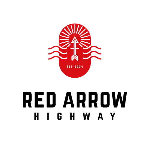 Modern vintage logo with the title 'red arrow highway'