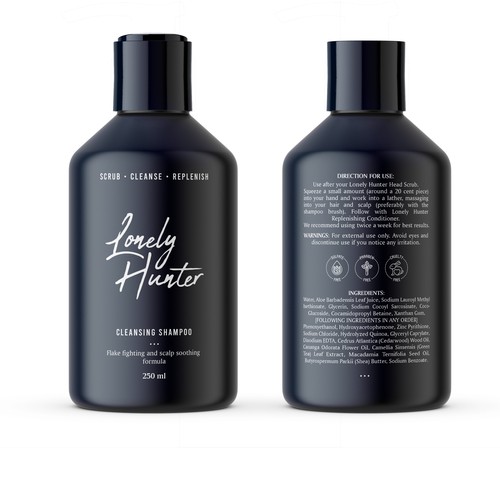 Shampoo packaging with the title 'Minimalist shampoo bottle design for approachable male hair brand'