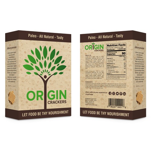 Food packaging with the title 'ORIGIN CRACKERS'