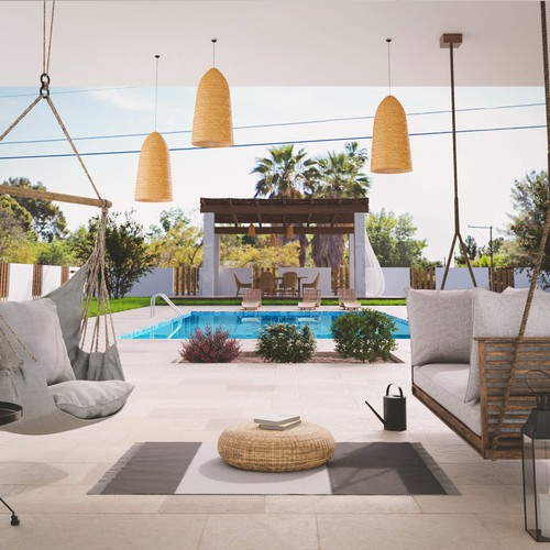 Pool design with the title '3D Render of a house & landscaping'