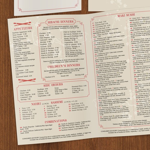 Sushi design with the title 'Japanese Sushi & Steak House Menu'