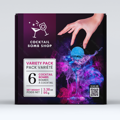 Bath bomb packaging with the title 'Packaging Design for Cocktail Bomb Shop'