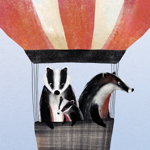 Children's book artwork with the title 'Three badges illustration '