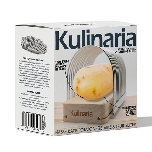 Kitchen packaging with the title 'Kulinaria Hasselback Potato Vegetable & Fruit Slicer'