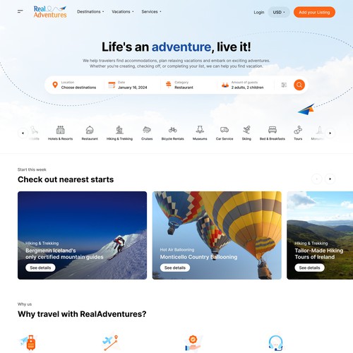 Travel website with the title 'RealAdventures Website Redesign'