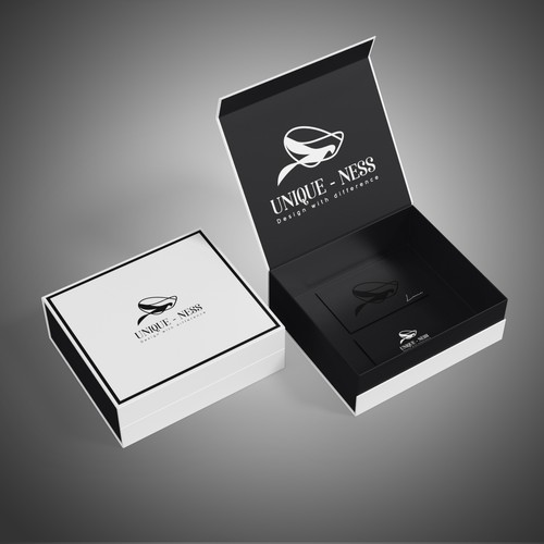 Black and white packaging with the title 'Custom box for Unique-ness'