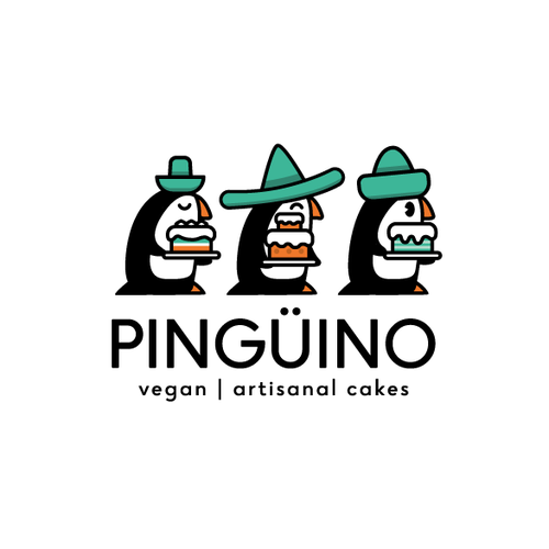 Quirky logo with the title 'Three Pinguins and cake'