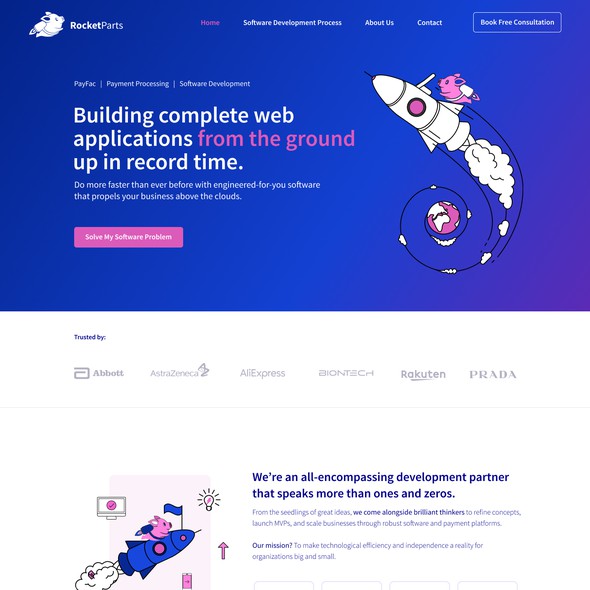 Homepage website with the title 'Modern website for a software development agency for RocketParts.'