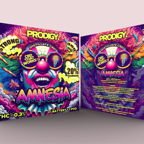 Weed packaging with the title 'Distillate CBD AMNESIA – Box Packaging Design'