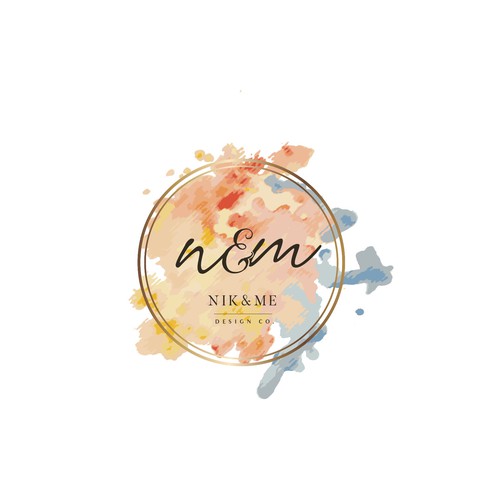 Hand-painted logo with the title 'Bright logo for Nik&Me - a mother daughter design company that makes custom watercolors of peoples homes and wedding venues.'
