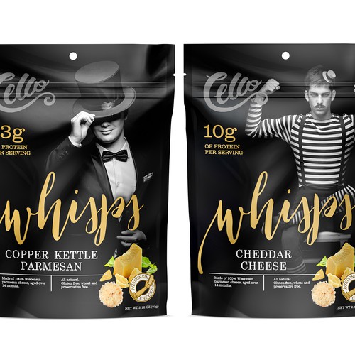 Snack bag packaging with the title 'Packing cheese crisp Whisps'