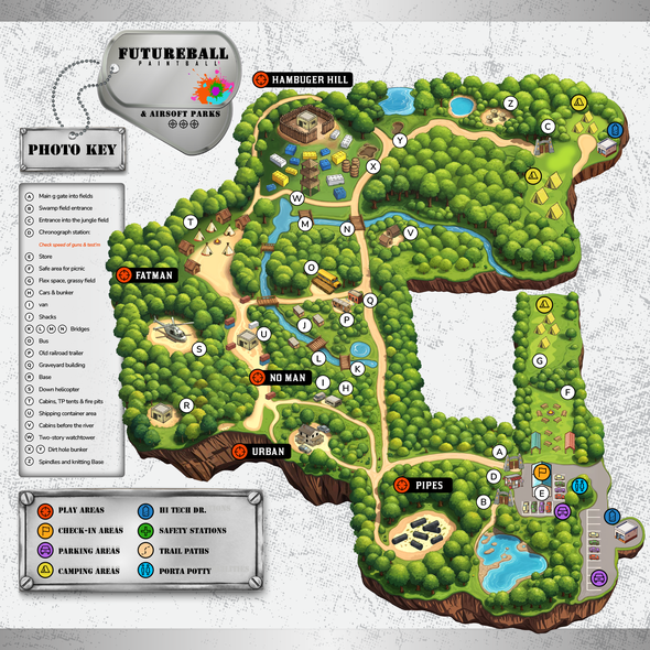 Adventure design with the title 'Paintball and Airsoft amusement park map'