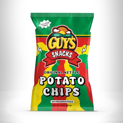 Retro packaging with the title 'Kettle Potato Chip Bag for Guy's Snacks'