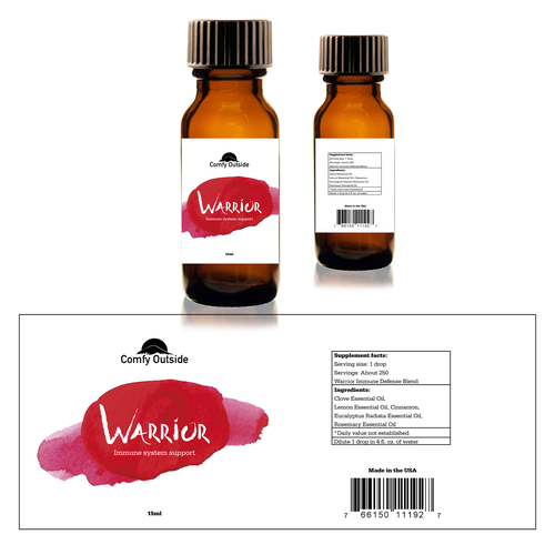 Red label with the title 'Label concept for essential oil'