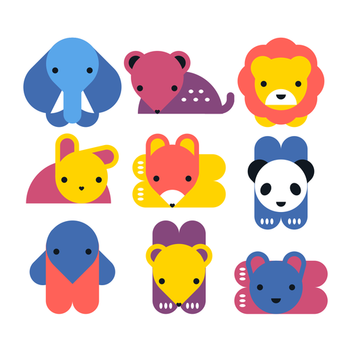 Rabbit illustration with the title '9 CUTE ANIMAL illustrations/figurines in a playful, minimalist style, designed so their BODY SHAPES FIT TOGETHER LIKE A PUZZLE'