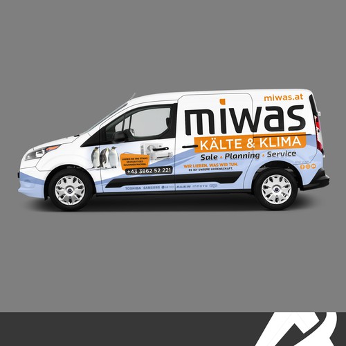 Car graphics design with the title 'Miwas Kälte und Klimatechnik Van Wrap'