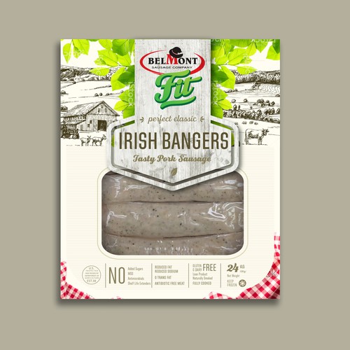 Green label with the title 'healthy farmland inspired sausage package'