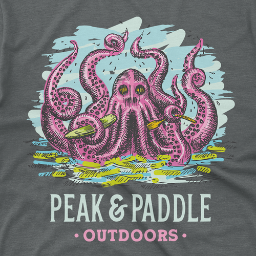 Hand-painted design with the title 'Feed The Kraken with paddleboards.'