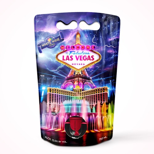 Pouch packaging with the title 'Las Vegas themed Wine Pouch – A Cityscape Packaging Design'