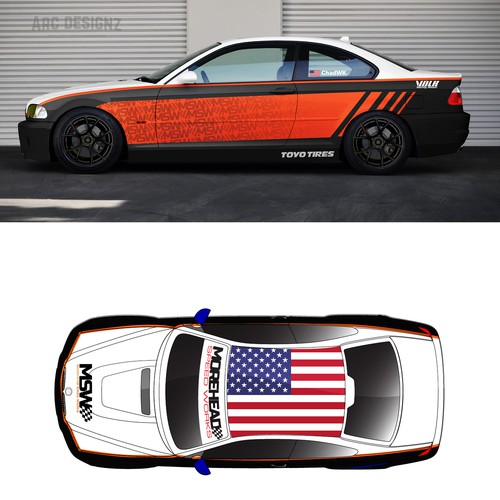 Race car design with the title 'BMW rally car wrap for MSW'