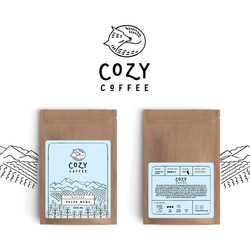 Coffee design with the title 'Cozy Coffee packaging & branding'