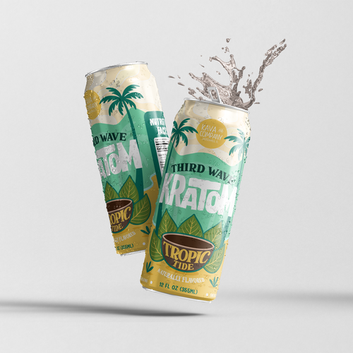 Beer can design with the title 'Tropical and playful kratom drink packaging design'