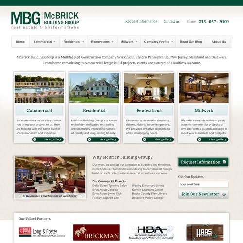 House website with the title 'McBrick Building Group needs new, creative website design'