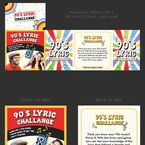 Card game design with the title 'Packaging design for a 90s lyrics trivia card game'