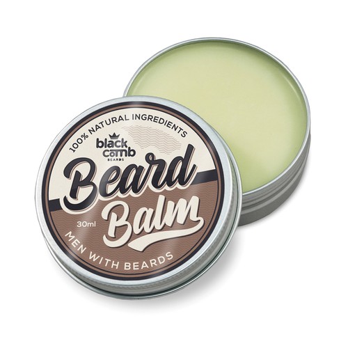 Tin design with the title 'Black Comb Beard Balm'