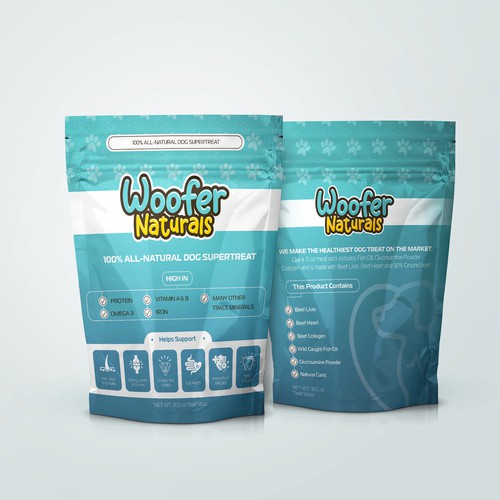 Mockup packaging with the title 'Woofer Naturals Bag Design'