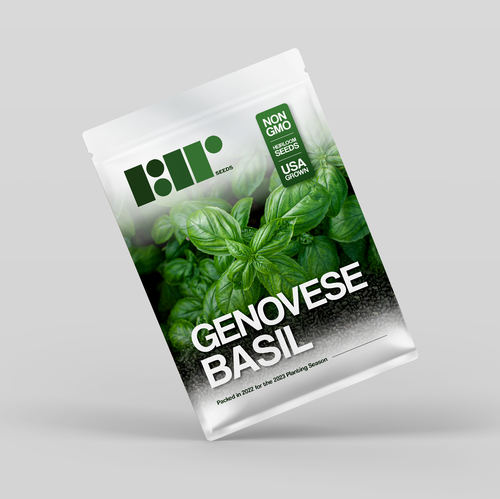 Agriculture packaging with the title 'Packaging Design for RDR Seeds - Genovese Basil'
