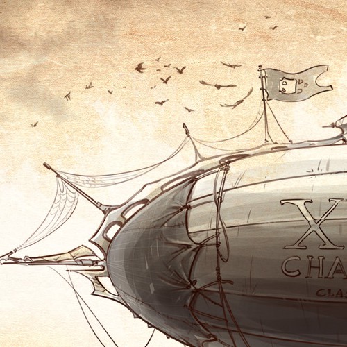 Steampunk artwork with the title 'Flying Ships'