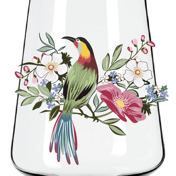 Botanical illustration with the title 'Bird and flowers'