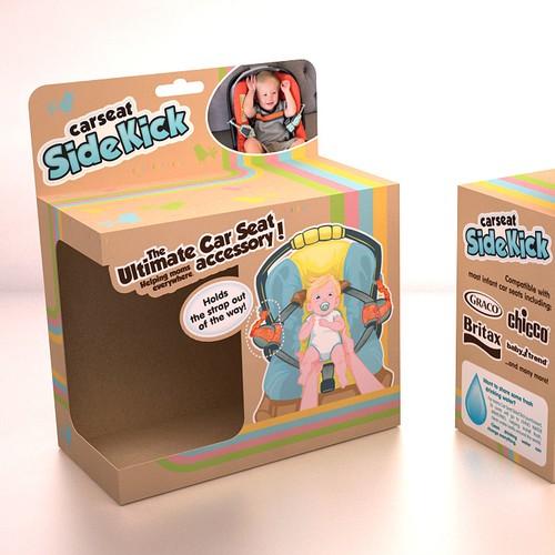 Eco-friendly packaging with the title 'Carseat Sidekick packaging design'