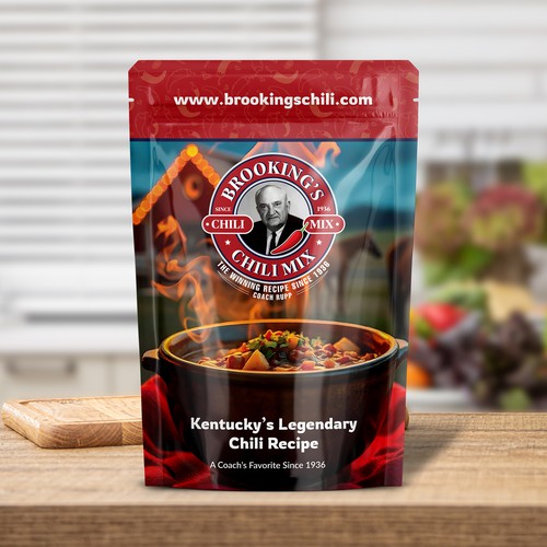 Stand-up pouch packaging with the title 'Premium Stand-Up Pouch Design for Brooking's Chili Mix'
