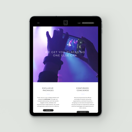 Event website with the title 'Elite concierge service for the most coveted events. Los Angeles, California'