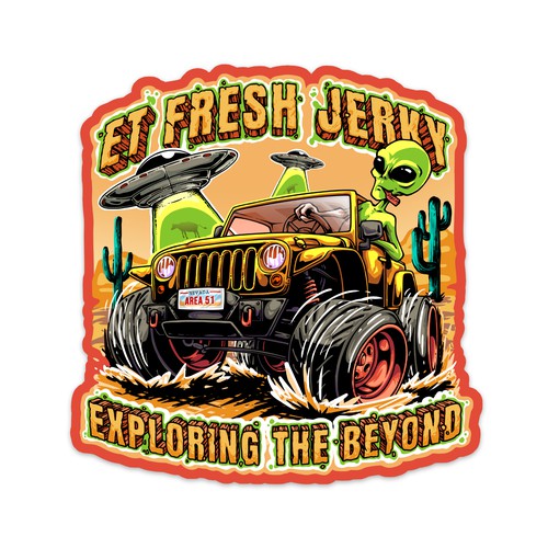 UFO design with the title 'ET Fresh Jerky Sticker - Exploring The Beyond'