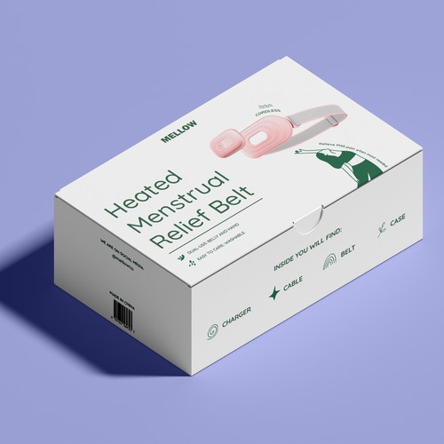 Packet packaging with the title 'Modern box design for women's heated belt'